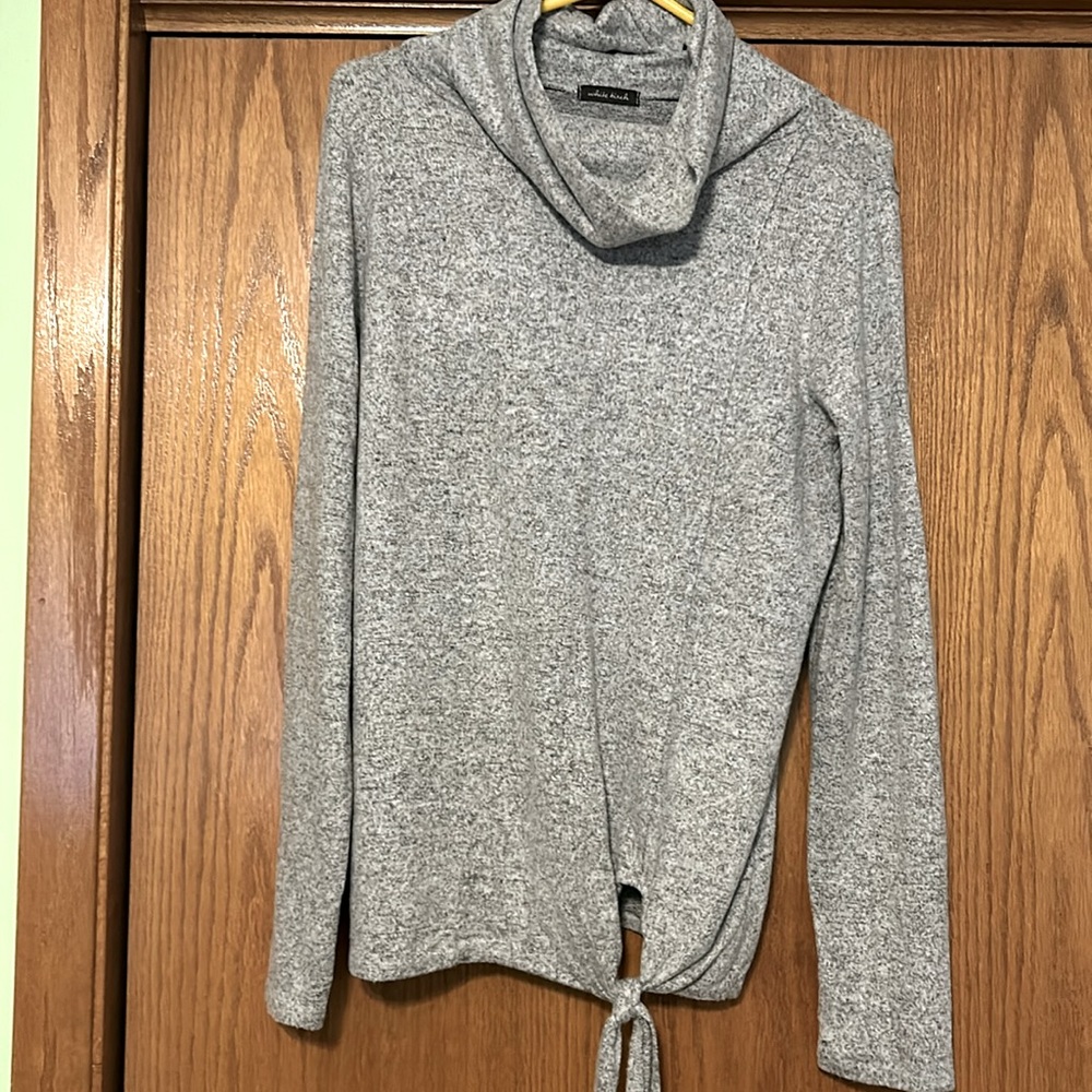 Gray cowl neck sweater with loose tie at waist